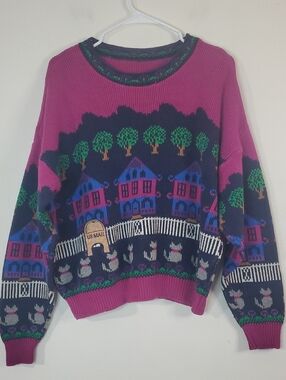 Vintage 80s Sutton Place Cats Village Motif Women’s Sweater Novelty